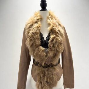 Women's Blush Pink Genuine Leather Jacket with Real Fox Fur Trim